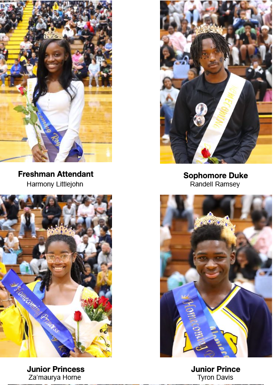 Four portraits of crowned Euclid High School Homecoming honorees wearing sashes: Freshman Attendant Harmony Littlejohn, Sophomore Duke Randell Ramsey, Junior Princess Za’maurya Horne and Junior Prince Tyron Davis.