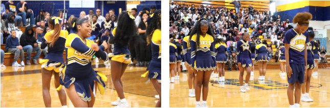 Two-photo collage of Euclid High School cheerleaders performing in navy and gold uniforms during the Homecoming pep rally, with students watching from packed gym bleachers.