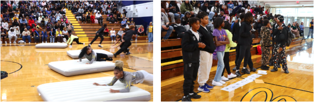 Two-photo collage of Euclid High School students competing in an air mattress relay and arranging letter cards on the gym floor for a word scramble during the Homecoming pep rally.