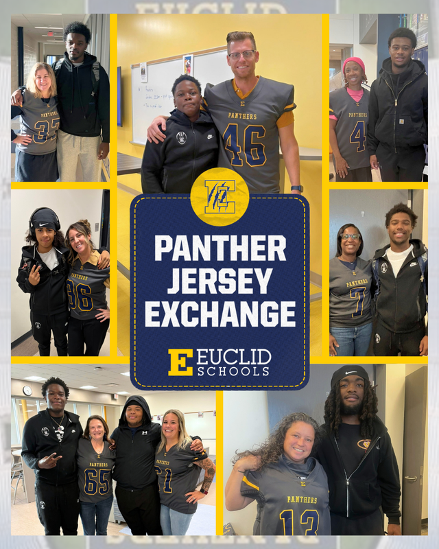 Panther Jersey Exchange Photo collage of students and teachers exchanging grey football jerseys.