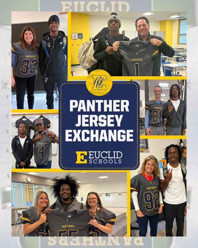 Panther Jersey Exchange Photo collage of students and teachers exchanging grey football jerseys.