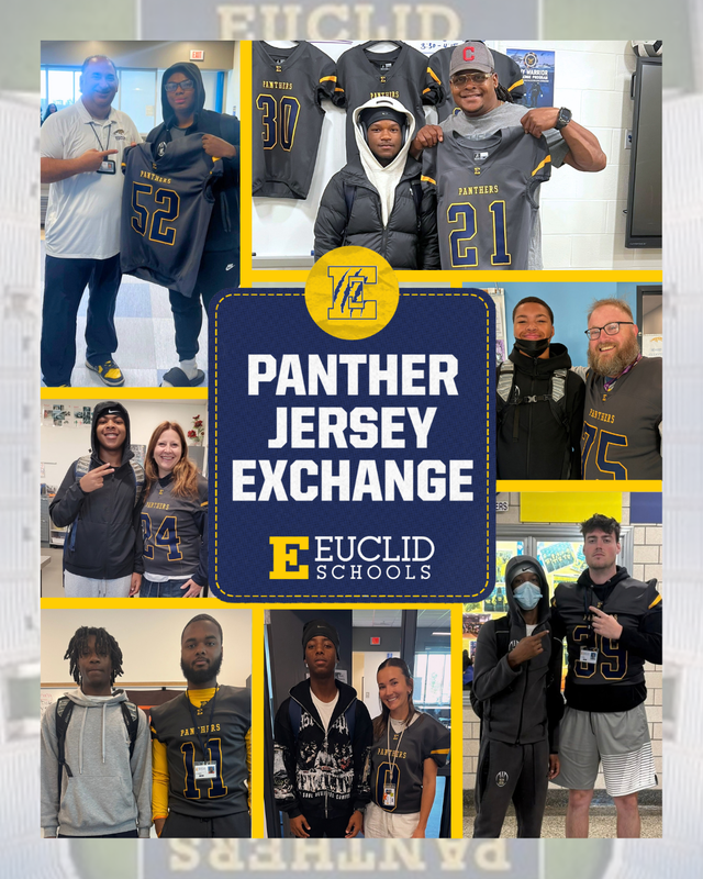 Panther Jersey Exchange Photo collage of students and teachers exchanging grey football jerseys.