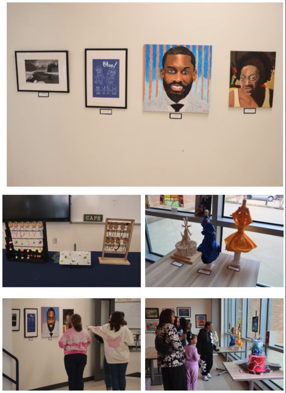 Student artwork displayed in on the wall outside the Culinary Bistro, jewelry, dress and cake designs.