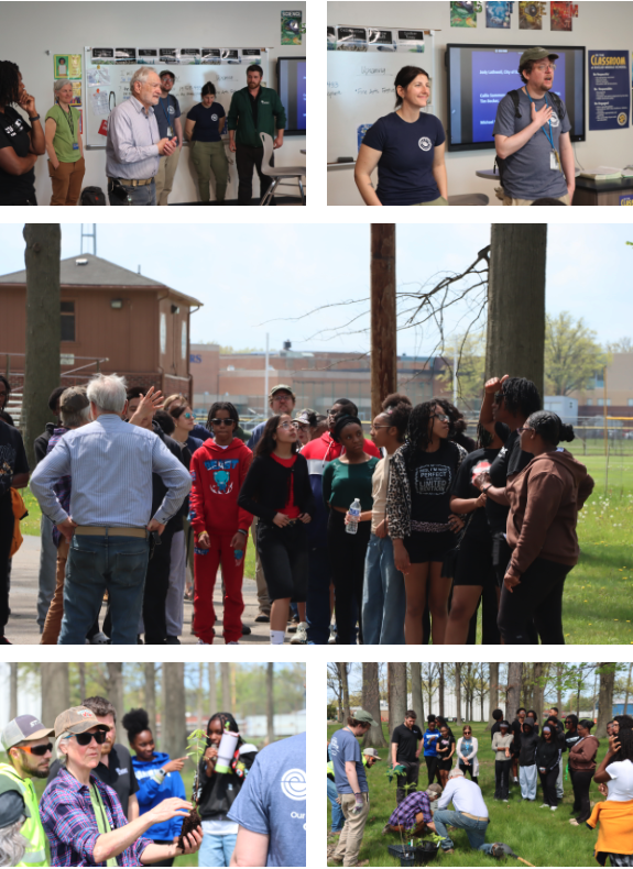 The top two photos show presenters in the classroom. The middle photo shows students looking at trees. The bottom left shows Jody Lathwell demonstrating planting techniques, and the bottom right shows students watching a tree get planted.