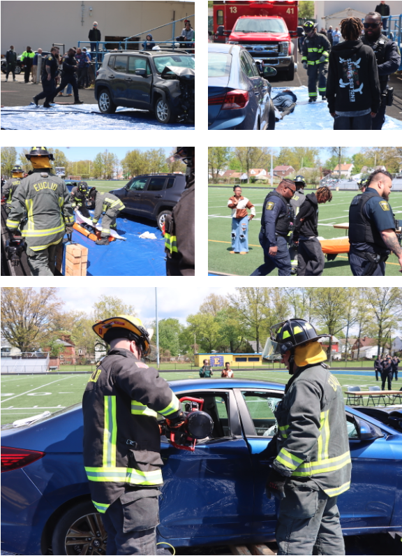 A series of images shows first responders managing a simulated crash during a Prom Promise safety demonstration, including firefighters using extraction tools, police escorting a student participant, and crews treating and transporting an injured victim.