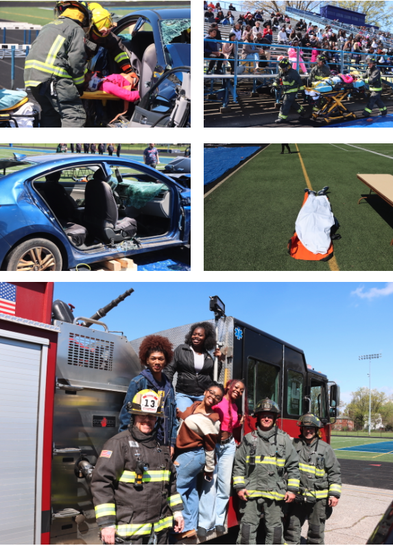 Firefighters extract a student actor from a damaged vehicle, wheel a stretcher past a crowd of students in the bleachers, and display emergency equipment, with a group photo taken beside a fire truck.
