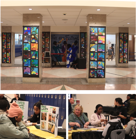 The top image features the Auditorium Lobby decorated with colorful student art. The bottom left image features a student artist doing Henna Tattoos. The Bottom right image features Meg Garbincus and students working on crafts in the Cafeteria.
