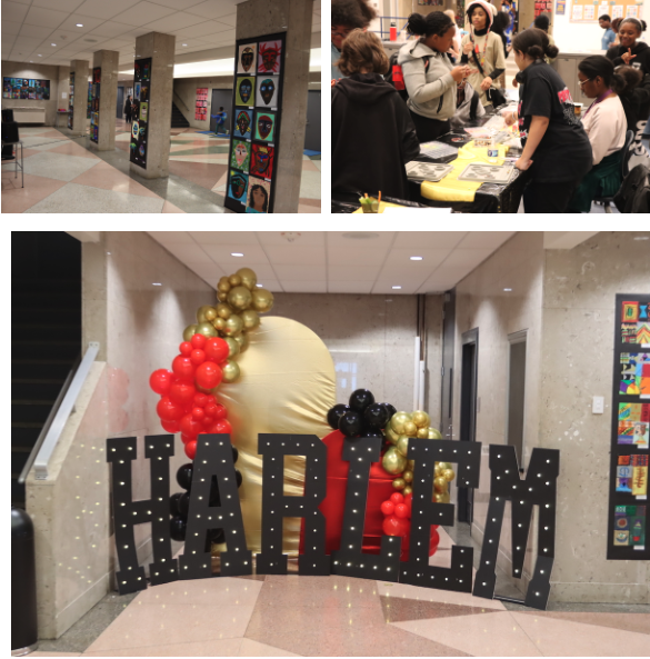 The top left photo shows the Auditorium lobby with student art hanging. The Top right photo shows families working on crafts. The bottom photo shows a Harlem display in the Auditorium.