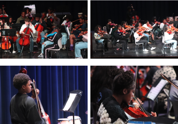 Four photos of students playing stringed instruments.
