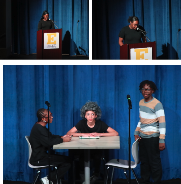 The top two photos show girls reading at a podium. The bottom photo shows students acting out a scene with a modern student, Langston Hughes and Zora Neale Hurston.
