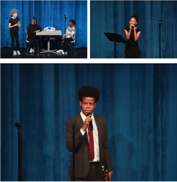The top left photo shows students acting out a scene. The top right photo shows a girl singing. The bottom photo shows a student acting out a scene as Louis Armstrong.