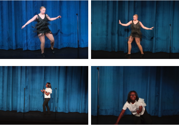The Top Photos show a girl tap dancing wearing a black dress. The bottom photos show a girl in a white top and black pants performing a poem and modern dance.