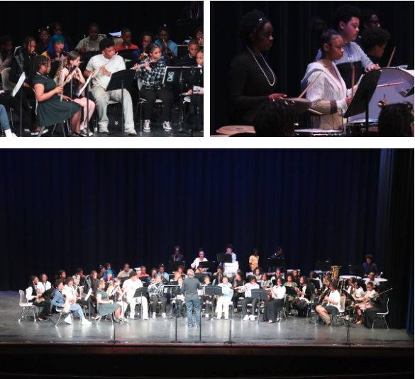 Top left photo shows a group of students playing woodwind instruments. The top right photo shows three students playing percussion instruments. The bottom photo shows the entire band on stage.
