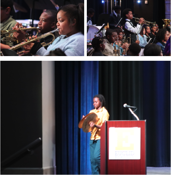 Top left photo shows two students playing trumpet. Top right photo shows a young man playing a trumpet solo. The bottom photo shows a student playing crash symbols.