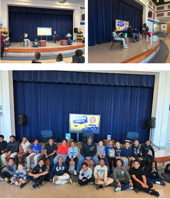 Students at Bluestone Elementary lead a career speaker discussion on stage, asking prepared questions to guest speakers, followed by a group photo with one of the presenters as part of the school’s Career Speaker Series.