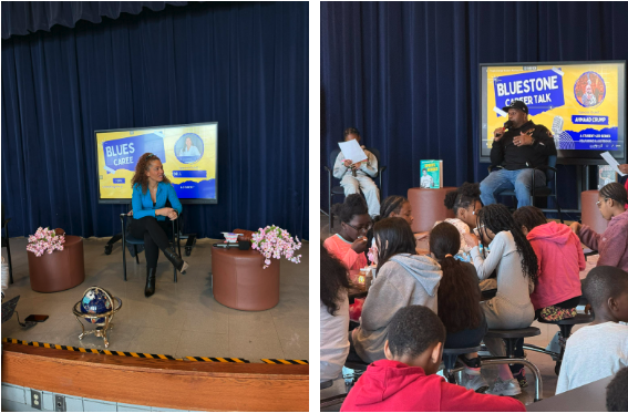 A guest speaker presents on stage while another engages with students in a classroom setting, discussing career paths and answering student-led questions at Bluestone Elementary.
