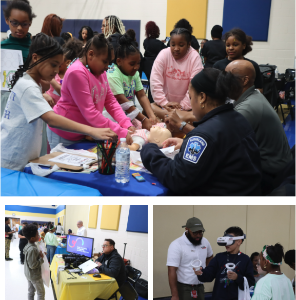 Chardon Hills students practice CPR with EMS professionals, explore a virtual reality station, and visit career booths while learning about different professions during Career Day.
