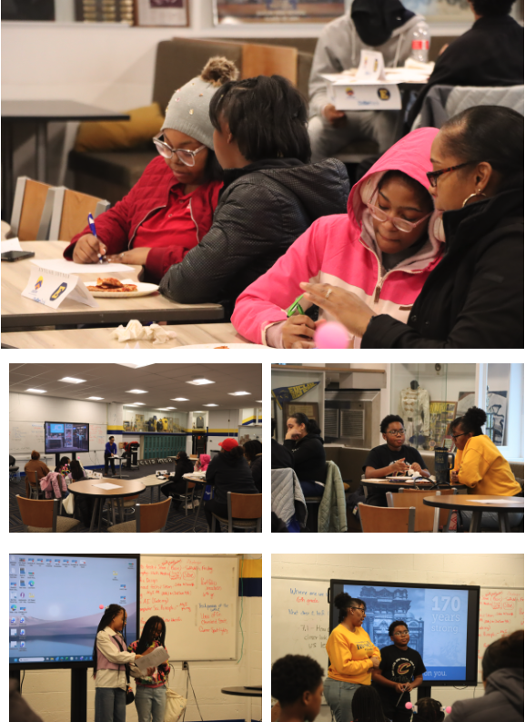 Euclid Middle School students and their families collaborate on budgeting activities, participate in discussions, and present ideas during the Money Moves financial literacy program.