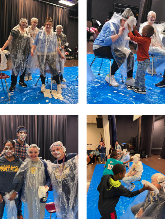 A series of images shows students and staff enjoying a lighthearted school event in which students toss whipped cream pies at staff members wearing ponchos, with participants smiling, posing for photos, and celebrating together on a tarp-covered stage.