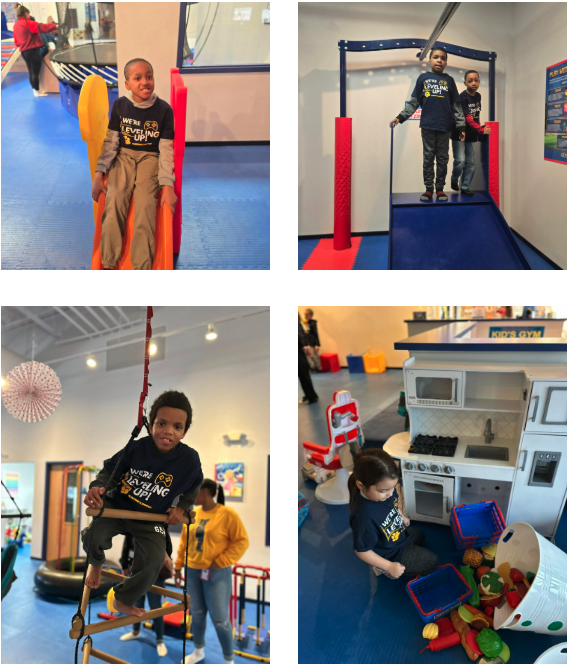 Students engage in active play, using a slide, balance equipment, and a rope swing, while others participate in imaginative play with a toy kitchen in an indoor learning environment.