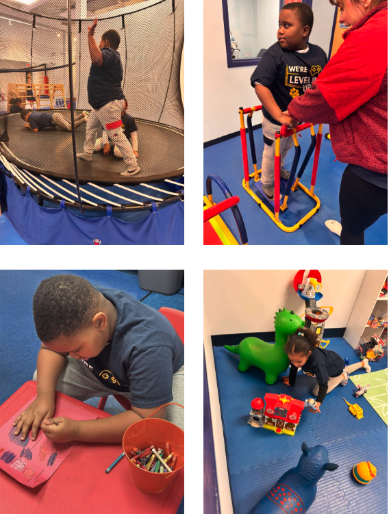 Students engage in a variety of activities in an indoor learning space, including trampoline play, guided movement with support equipment, drawing at a table, and imaginative play with toys.