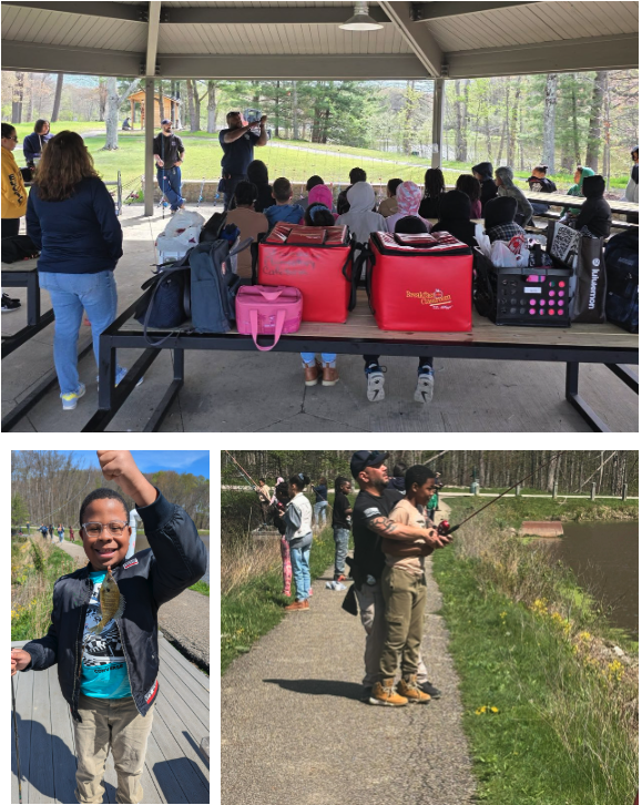 A series of images shows students taking part in an outdoor fishing program, including a group lesson under a pavilion, hands-on fishing along the water with guidance from adults, and a student holding up a freshly caught fish.