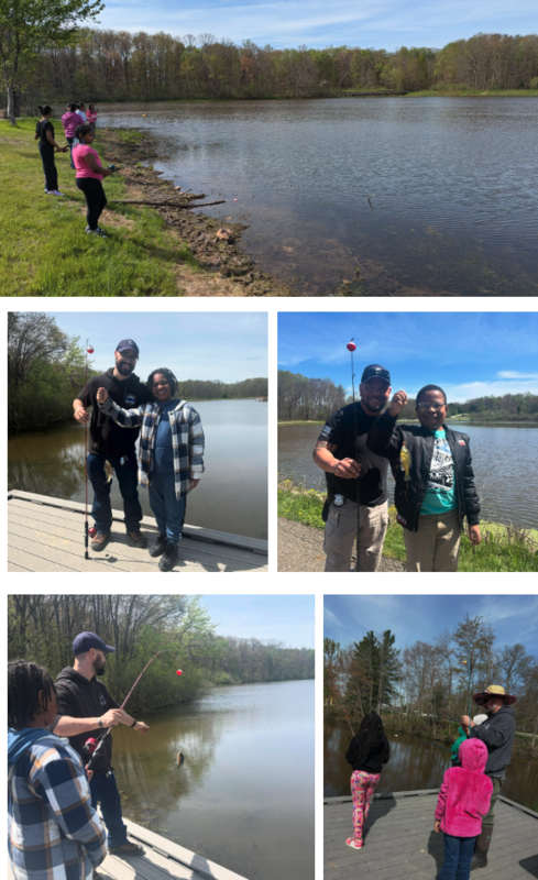 A series of images shows students participating in an outdoor fishing experience, casting lines from the shore and dock, receiving guidance from mentors, and celebrating successful catches, highlighting hands-on learning in a natural setting.