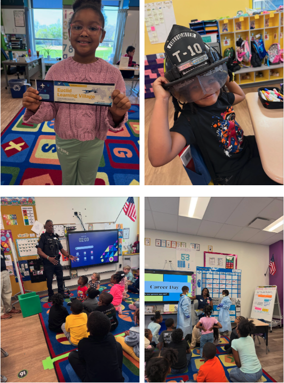 A series of images shows students participating in a career day event, proudly displaying achievements, trying on professional equipment like a firefighter helmet, and interacting with guest speakers as they learn about different career paths