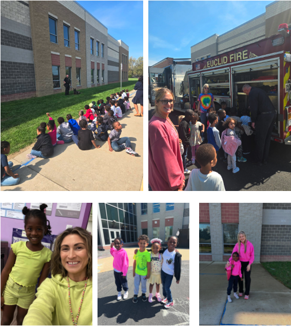 A series of images shows young students engaging in a career day event, proudly displaying a Euclid Learning Village certificate, trying on firefighter gear, and interacting with guest speakers as they learn about various careers.