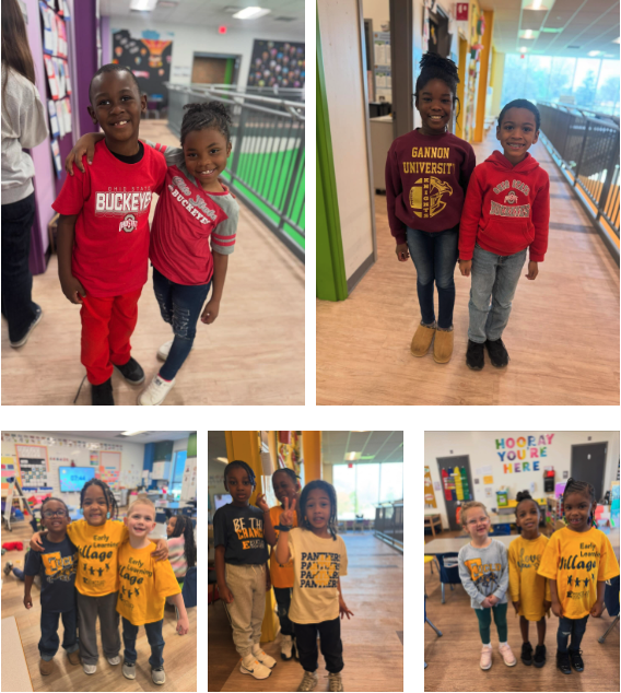 A series of images shows students posing together in hallways and classrooms, wearing college and Early Learning Village shirts, smiling and celebrating school spirit.