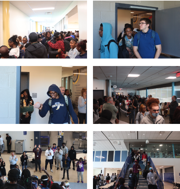 A series of images shows students entering and moving through school hallways and stairways while being greeted by staff and peers, with cheering, high-fives, and a strong sense of community during a welcoming or recognition event.