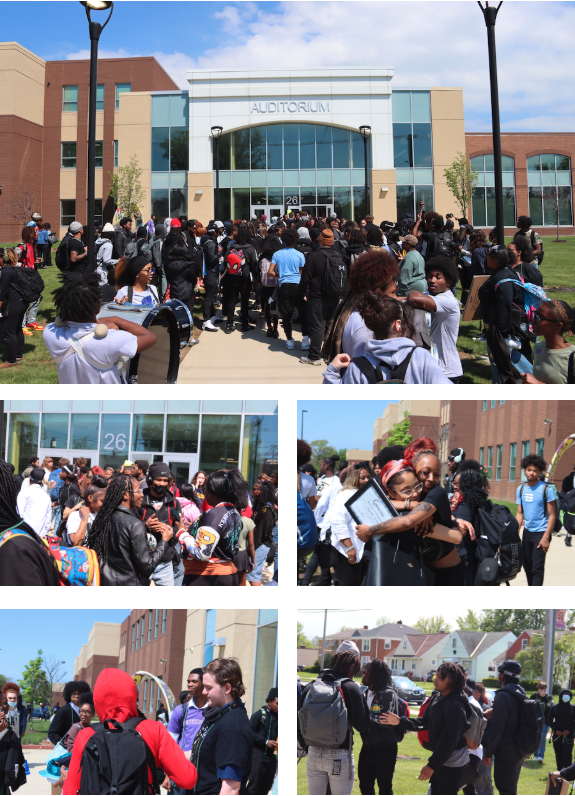 A series of images shows students gathered outside a school auditorium entrance, reconnecting with friends, sharing hugs, and celebrating together in a lively, community-focused event.