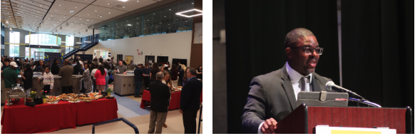 A series of images shows attendees gathered in a school event space for a formal community program, featuring refreshments, networking, and a speaker delivering remarks from the stage podium.