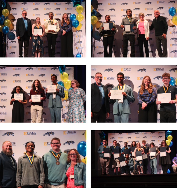 Scholarship winners pose with certificates and scholarship representatives during an academic awards and recognition ceremony.