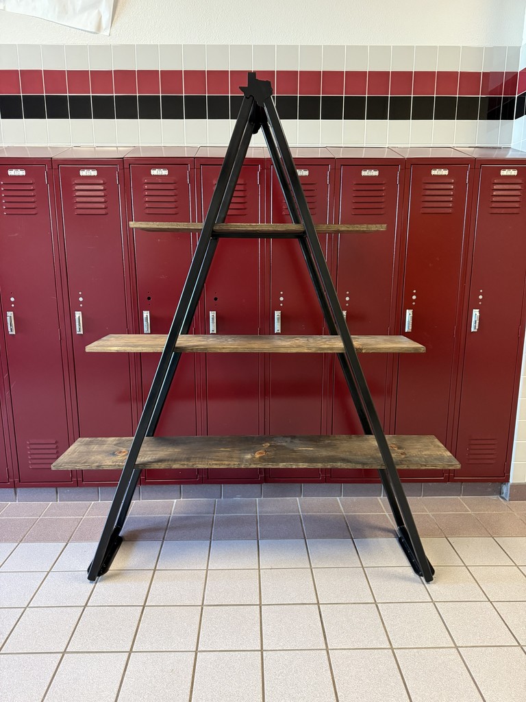 Welded metal frame with wooden shelves