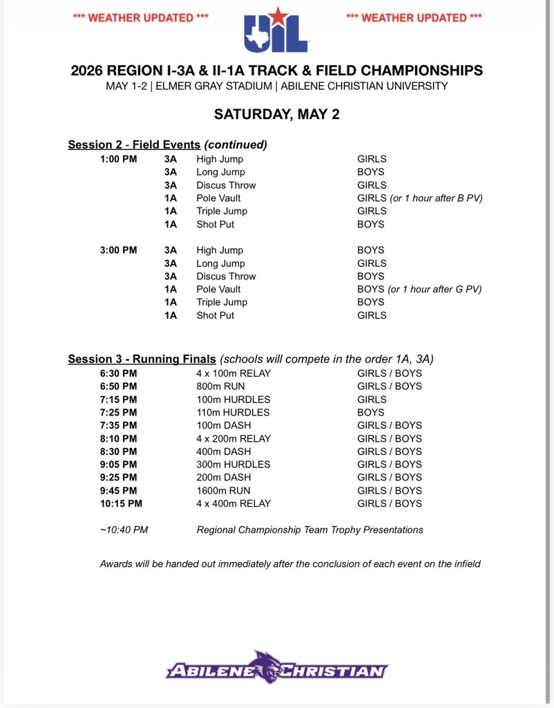 Saturday-Updated Regional Track Schedule