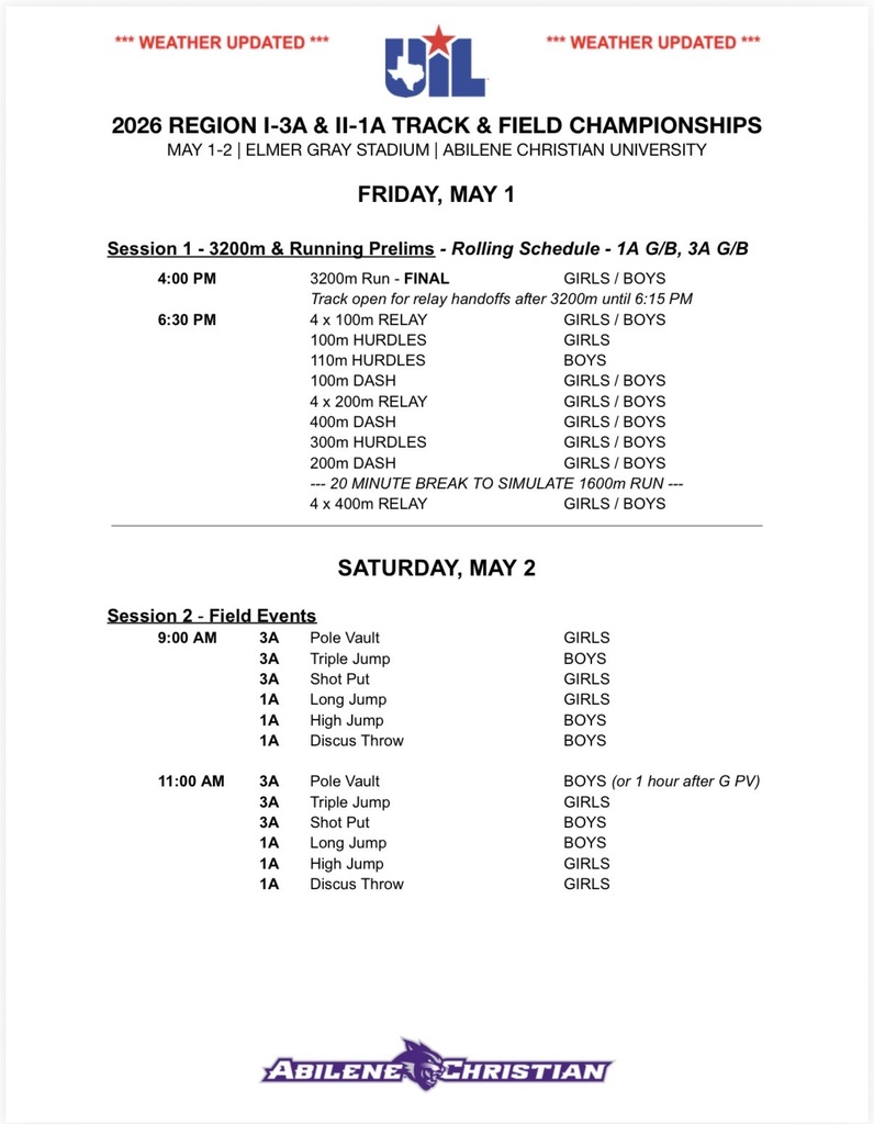 Friday-Updated Regional Track Schedule