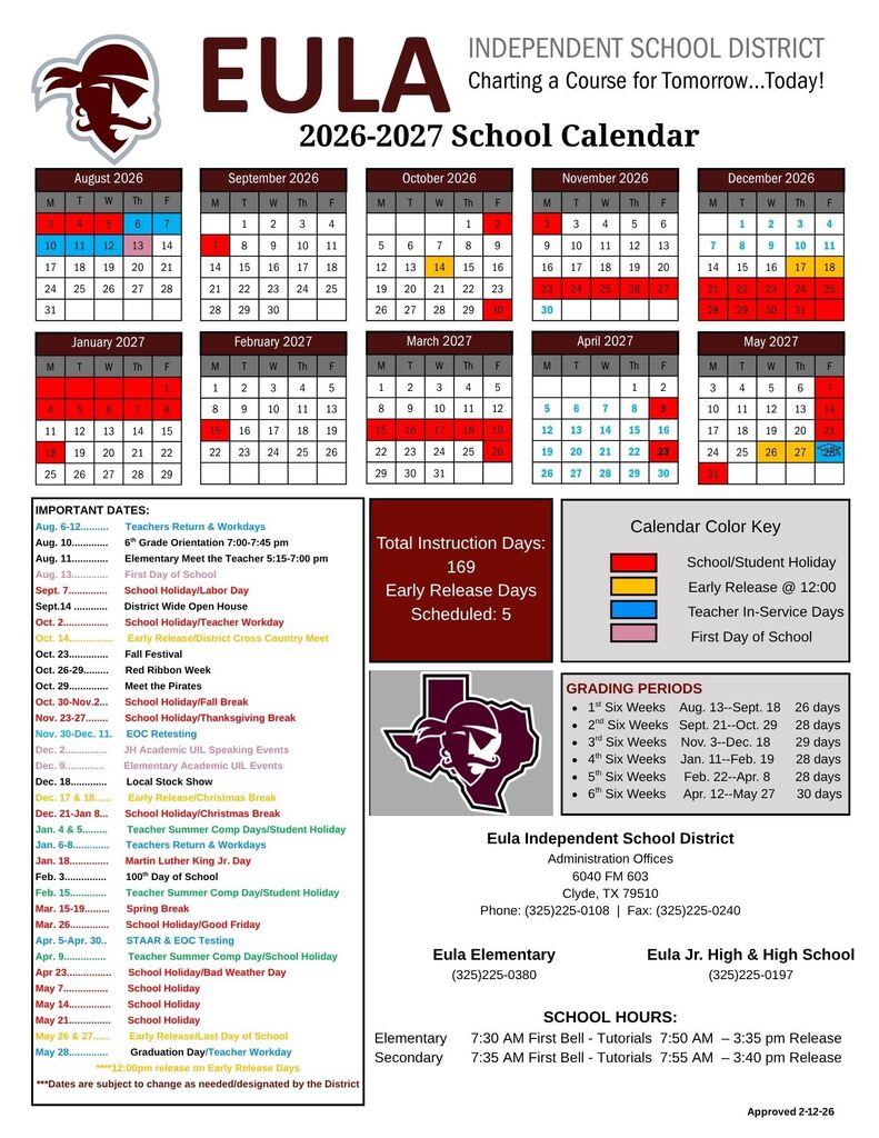 2026-2027 School Calendar Student Version