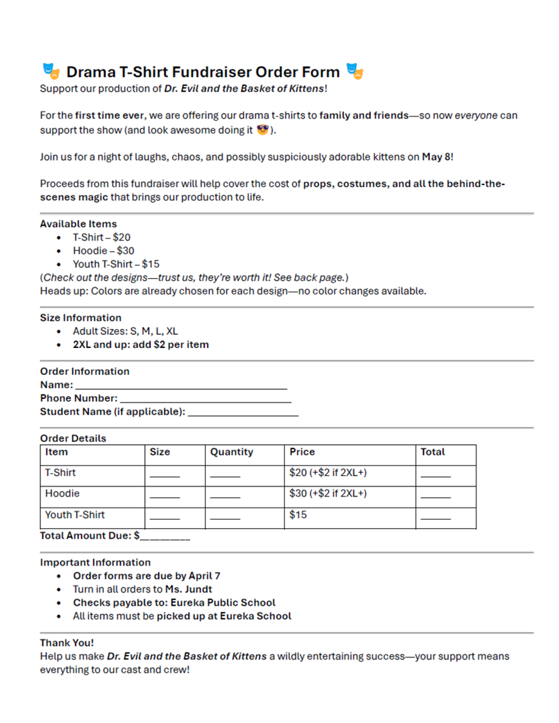 Drama Fundraiser Order Form