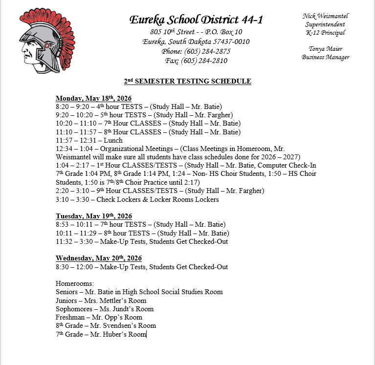 Semester Test schedule