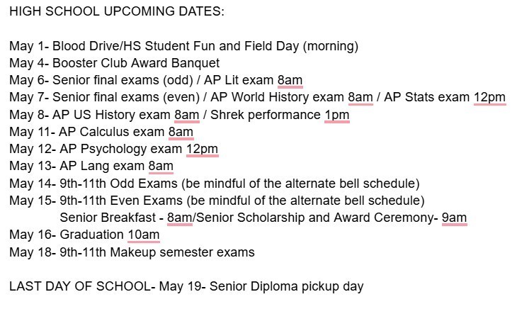 high school upcoming dates