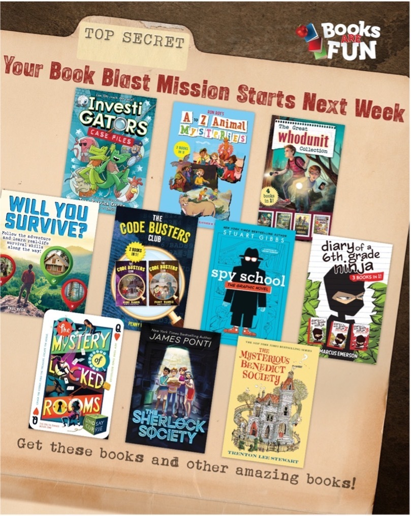 Manilla folder with Top Secret on the tab. It says, "Your Book Blast Mission Starts Next Week" and shows assorted books on the folder.