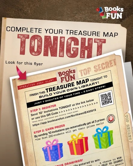 Picture of a Top Secret mission with gift boxes on it.  "Complete your treasure map tonight!"
