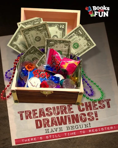 Open treasure chest with jewels and money .  "Treasure Chest Drawings Have Begun!"