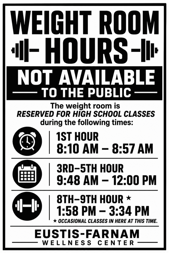 Weight Room Hours. Not Available to the public. The weight room is reserved for high school classes during the following times: 1st Hour 8:10am-8:57am, 3rd-5th hour 9:48am-12:00pm, 8th-9th hour 1:58pm-3:34pm *occasional classes in here at this time, Eustis-Farnam Wellness Center