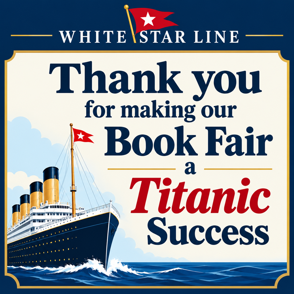 White Star Line name and flag on top with Titanic on the ocean in the background and slogan "Thank you for making our Book Fair a Titanic Success."
