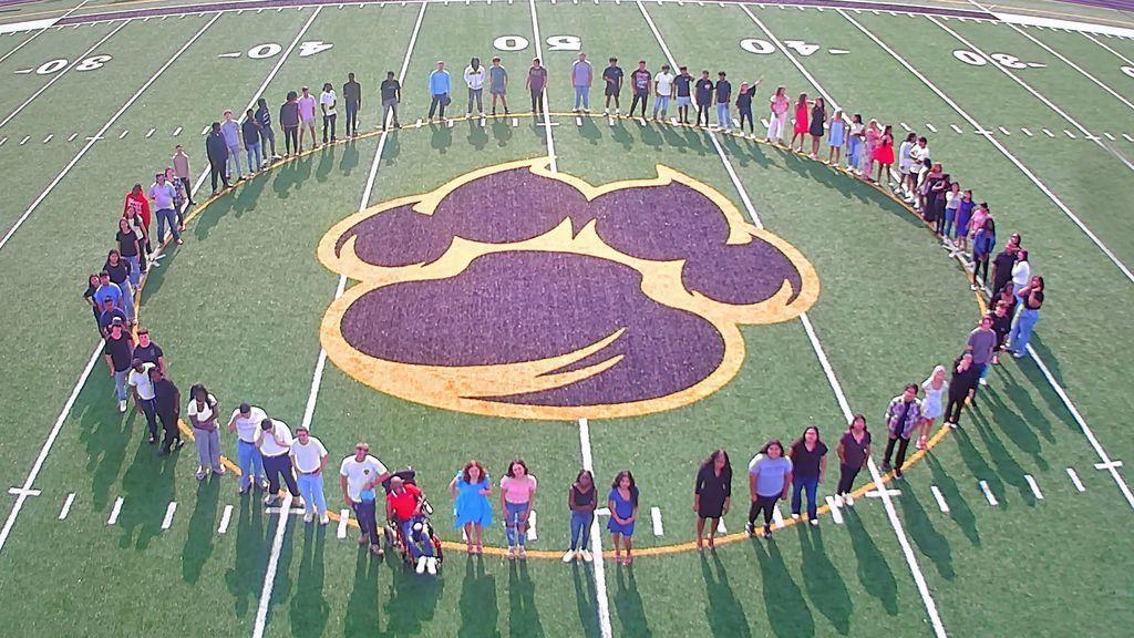 Drone picture of the class of 2025 at Tiger Town Stadium