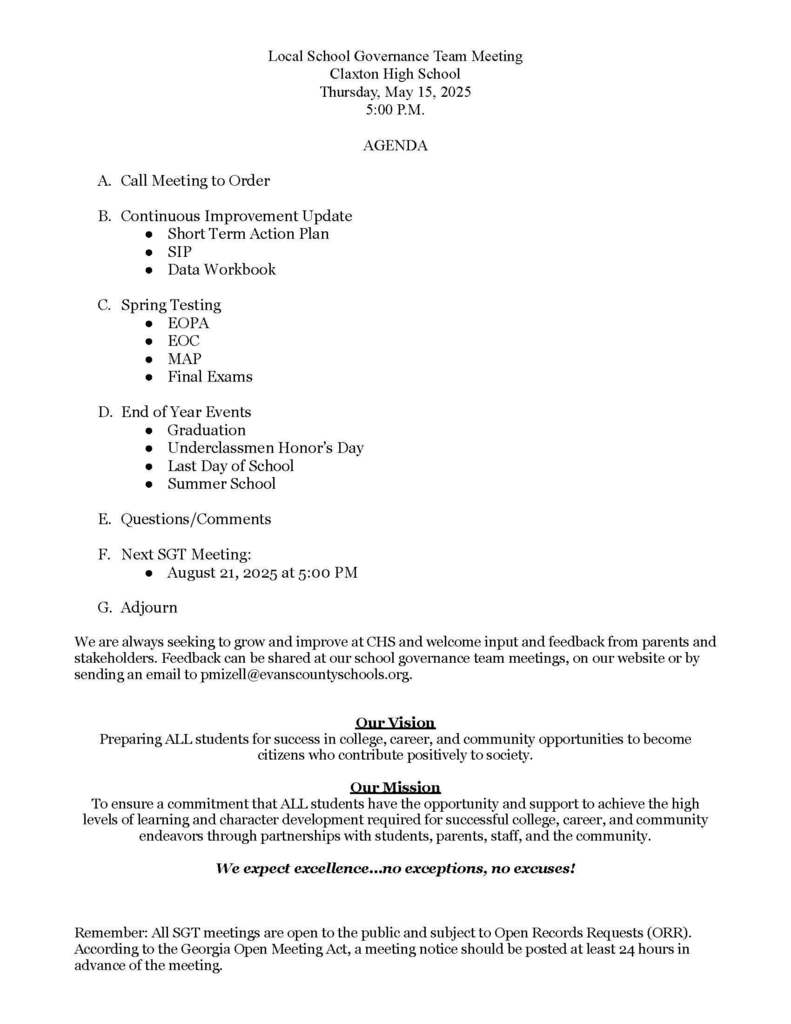 🎉🐯 Attention Claxton High School Family! 🐯🎉  We invite ALL Claxton High School stakeholders — parents, students, faculty/staff, and community members — to join us for the Local School Governance Team (LSGT) meeting!  📅 Date: Thursday, May 15, 2025 ⏰ Time: 5:00 PM 📍 Location: CMS/CHS PLT Room Please see attached agenda.  Let’s come together to support our school and shape the future of our students! Your voice matters! 🗣️💛🖤  #ClaxtonHigh #TigerPride #BlackAndGold #LSGT #CommunityStrong #ClaxtonTigers #GoTigers 🐾✨
