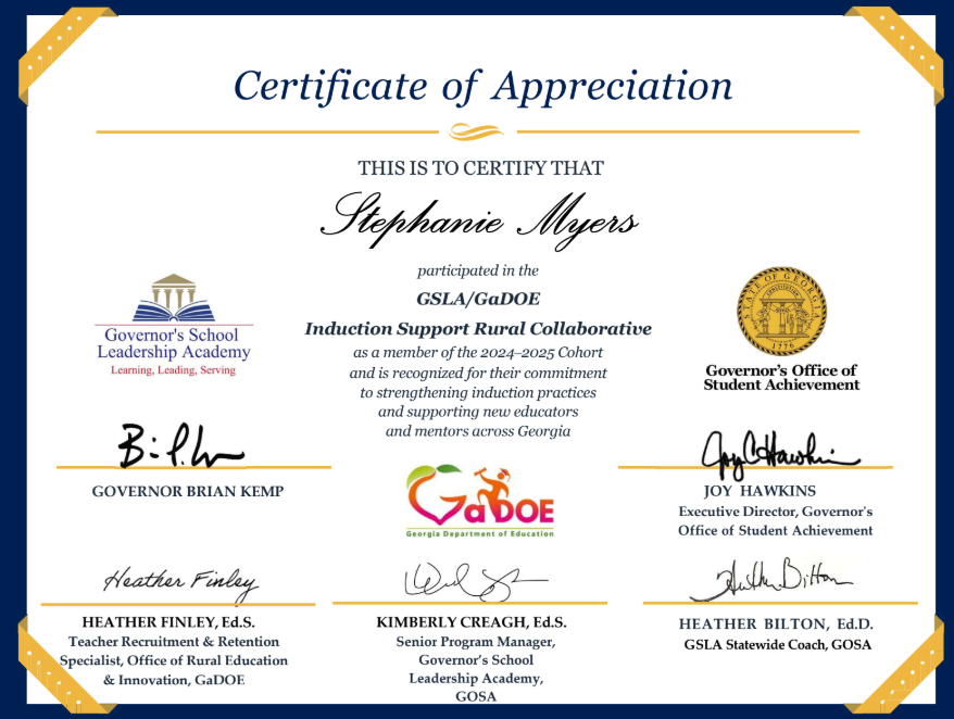 🎉 Big congrats to CMS teacher, Mrs. Stephanie Myers! 🎉  Mrs. Myers was recently recognized for her leadership, insight, and dedication to rural education as she participated in the GSLA/GaDOE Induction Support Rural Collaborative.   Please join ECCSS in celebrating Mrs. Myers and her dedication to supporting new teachers in Evans County and across Georgia. We’re proud to have Mrs. Myers on our team! 👏🍎  #WeLoveOurTigerTeacherLeaders  #SchoolAndStatePartnerships