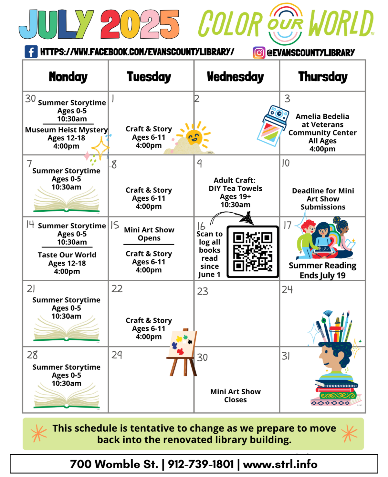 July calendar- visit library website for reader-friendly version: https://strl.info/locations/program_calendar.php